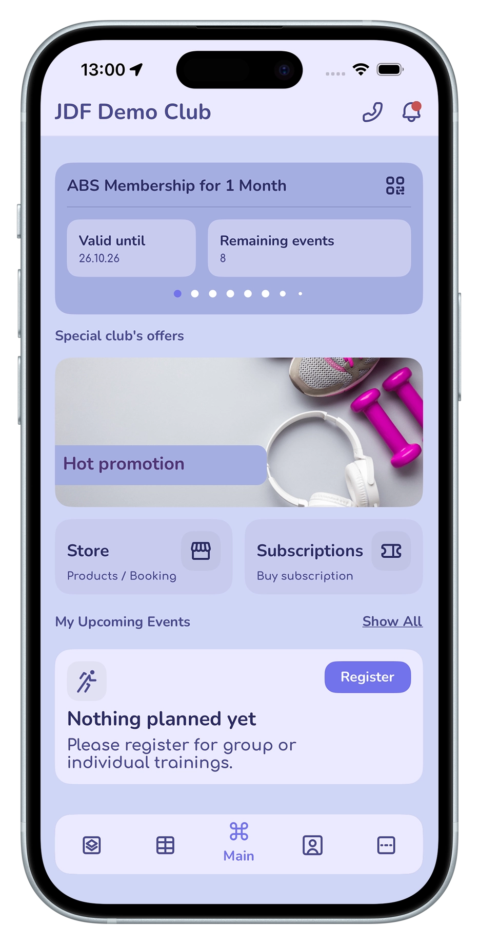 Class card and client account in the JustDoFit app