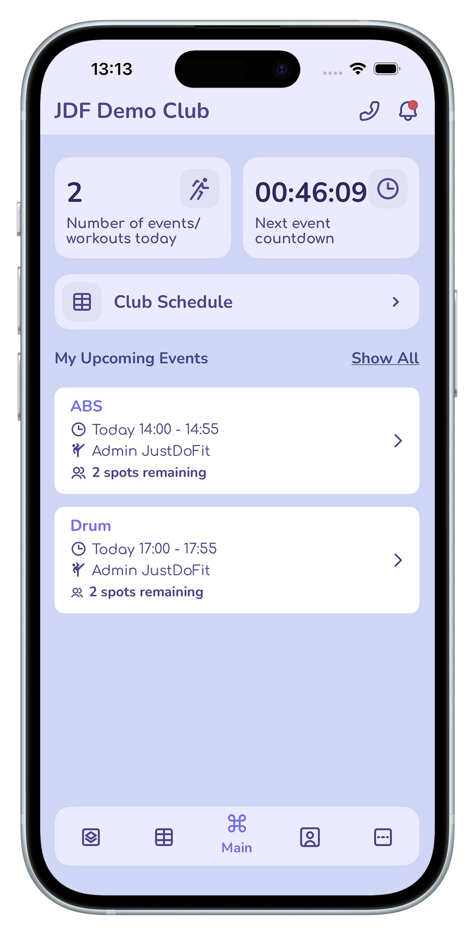 Upcoming club classes in the JustDoFit app for trainers