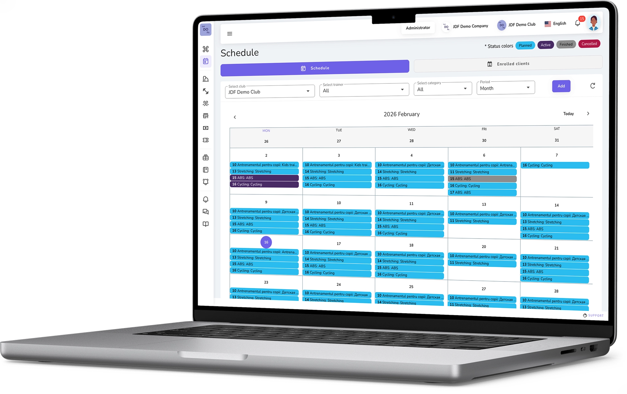 JustDoFit CRM on a laptop: the club schedule and clients