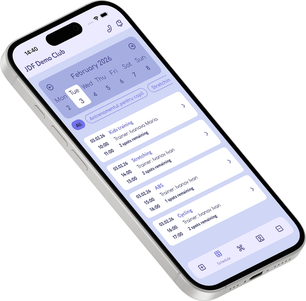 The club schedule in the JustDoFit app