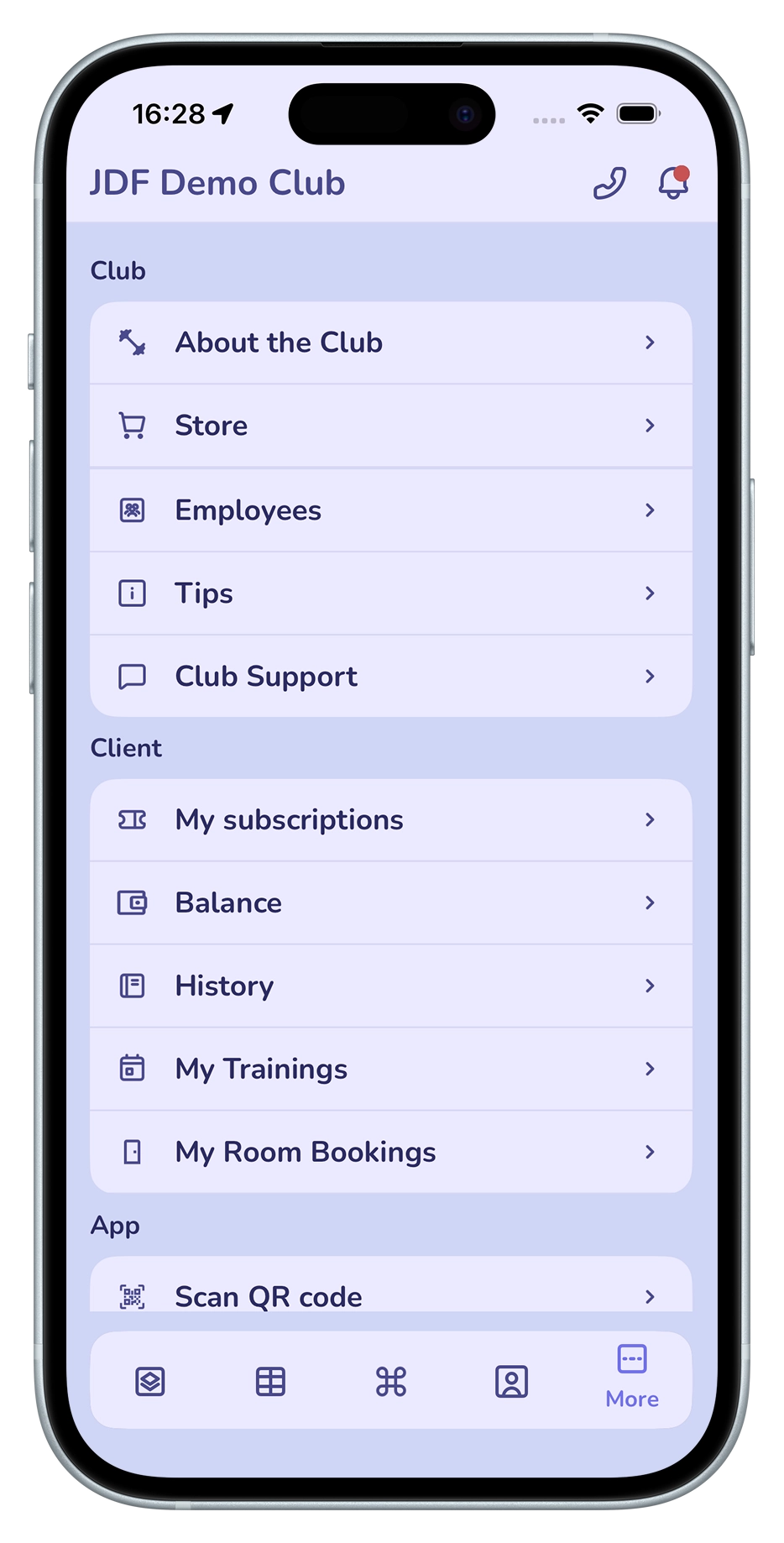 The client's personal account with a QR code, memberships and balance
