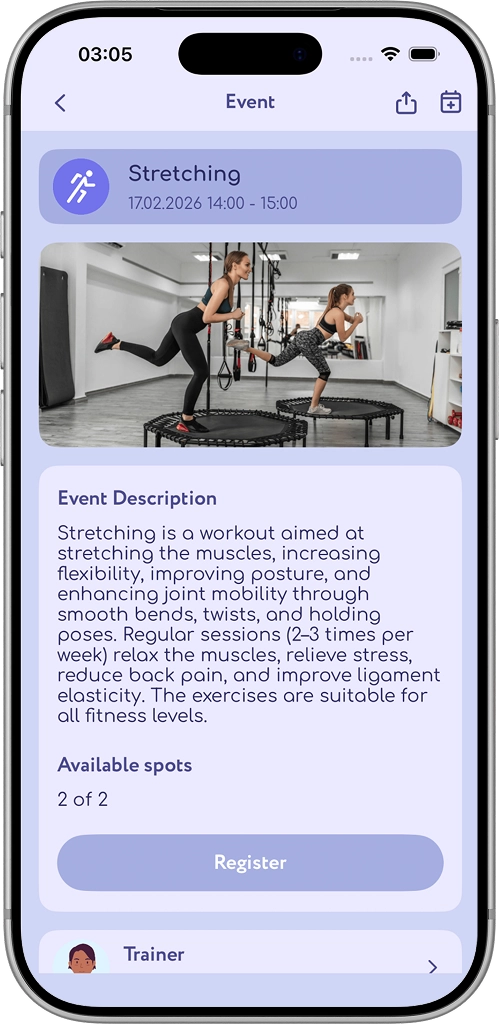 Class page with available spots in the JustDoFit app