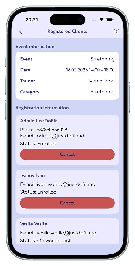 List of clients enrolled in a class in the JustDoFit app